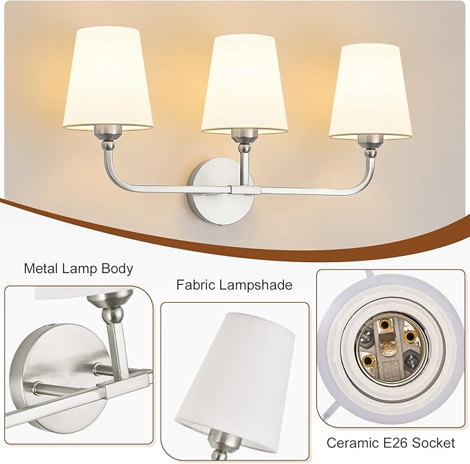Bathroom Vanity Light, Brushed Nickel Bathroom Light Fixtures, 3-Light Lighting Fixtures Over Mirror, Modern Wall Sconce with Flared White Fabric Shade, E26 Socket(ETL Listed)