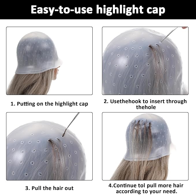 TIESOME 1 Set Silicone Highlighting Cap, Reusable Punched Hair Cap with 1 Needle Hooks & 2 Needle Brushes, Salon Hairdressing Dyeing Tool for Women Men, Easy Pull Through for Highlights