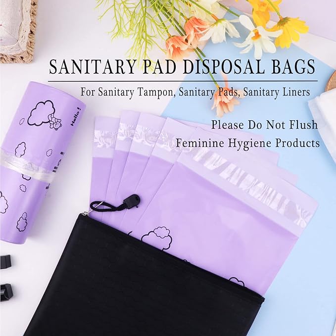 Purple Opaque Feminine Hygiene Disposal Bags - Pack of 100, 7x12inches, Suitable for Tampons and Sanitary Liners - Includes Storage Bag