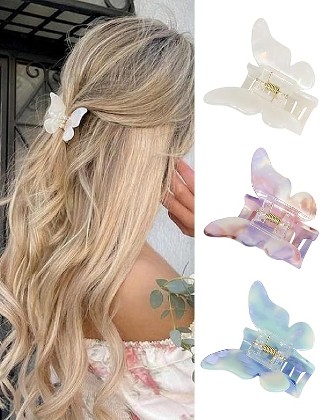 NAISIER Hair Clips, 3 Pack Butterfly Hair Clips Tortoise Shell Hair Claw Clips Jaw Clips 2.3 inch, Hair Accessories for Girls & Women (Mixed color, Blue, White, Pink-Purple)