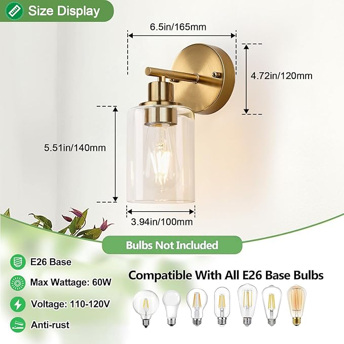 Set of 2 Wall Sconces for Bathroom, Brushed Gold Modern Vanity Lights with Clear Glass Shade,Bathroom Wall Lamp for Mirror Kitchen Living Room Hallway Cabinet Porch