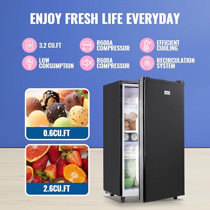 WANAI 3.2 Cu.Ft Mini Fridge with Freezer, Single Door Refrigerator with 5 Adjustable Thermostat, Small Compact Refrigerator Size with LED Light, 3 Removable Shelves Black