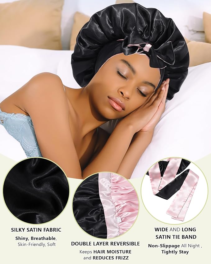 Satin Bonnet Silk Wrap for Sleeping - Reversible Night Cap with Tie Band for Curly Hair (Black + Pink)