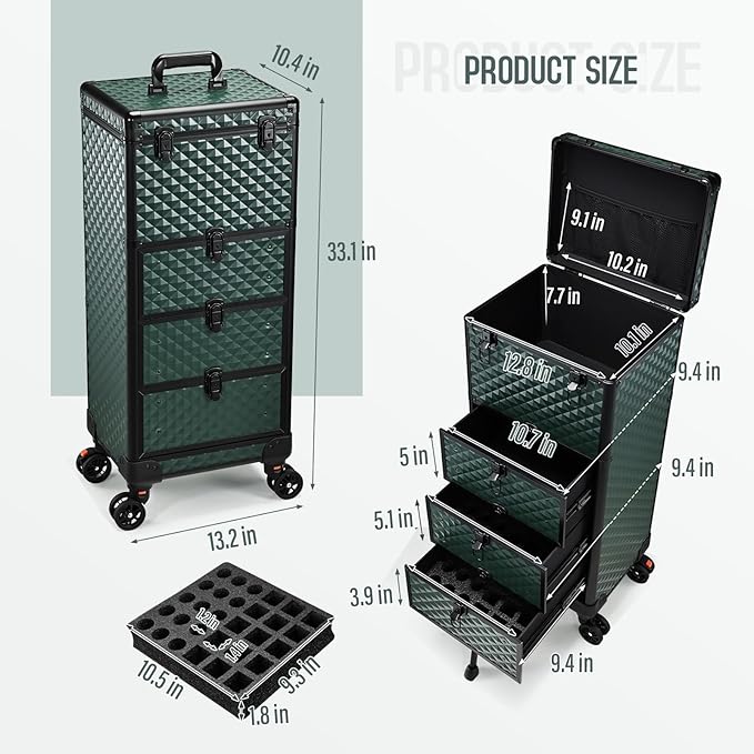 Nail Trolley Cart with 3 Drawers, Salon Station Cosmetology Case on Wheels Rolling Makeup Train Case Nail Case Organizer Beauty Salon Travel Case for Nailart,SPA,Hairstylist,Artist,Dark Green