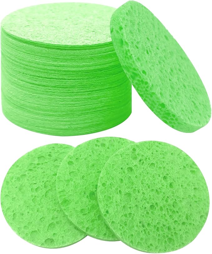50-Count Large Compressed Facial Sponges for Estheticians, Daily Cleansing and Gentle Exfoliating- 100% Natural Cellulose Spa Sponge Perfect for Removing Dead Skin, Dirt and Makeup (Round 2.95",Green)