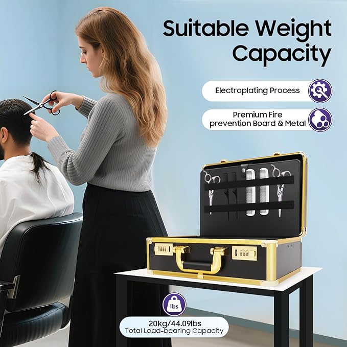 Professional Barber Case, Beauty Salon Barber Case with Code Lock, Hair Stylist Tool Kits Organizer Hairdresser Tool Box for Beauty Salon Makeup Artist (Gold)