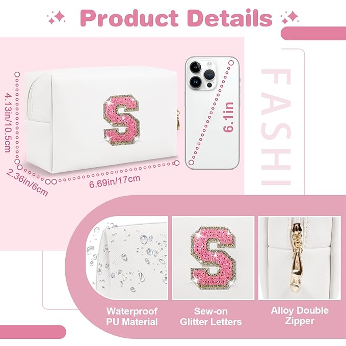 Small Initial Patch Makeup Bag Personalized Gifts Make Up Bag,White Cute PU Leather Glitter Letter Cosmetic Bag with Zipper,Trendy Portable Travel Toiletry Pouch,Preppy Stuff for Teen Girls Women S