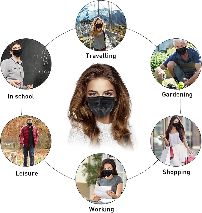 akgk 200pcs Disposable Face Masks, Black Mask, 3 Ply Disposable Masks