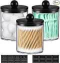 3 Pack Acrylic Qtip Holder Dispenser for Cotton Swabs, Balls, Pads, Floss - Plastic Canister Apothecary Jar Set, Bathroom Essentials Accessories Decor Vanity Makeup Storage Organizer - Clear & Black
