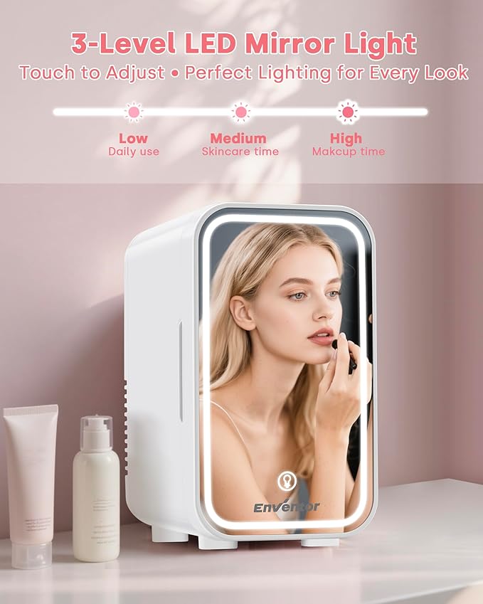 Enventor Mini Skincare Fridge Small Refrigerator for Bedroom, Beauty Fridge for Makeup with Dimmable LED Mirror, 6 L / 8 Cans Compact Portable Cooler for College Dorm, Office, Car, White