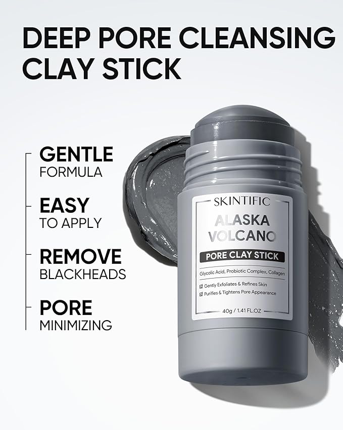 Deep Pore Cleansing Blackhead Remover Face Mask Stick, Mud Mask with Natural Alaska Volcano Clay, Gentle Exfoliating, Smoothing Skin, Non-Drying, Skincare Facial Mask