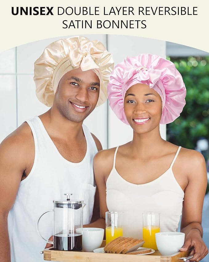 Satin Bonnet Silk Hair Wrap for Sleeping - Reversible Bonnets for Curly Hair - Double Layer Night Cap with Tie Band (Champagne + Pink)