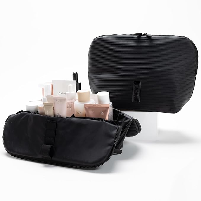 THE VERTI-Vertical Waterproof Makeup & Toiletry Bag | 23-Pocket Organizer with Upright, Fold-Down Design for Skincare, Toiletries & Essentials (Onyx)