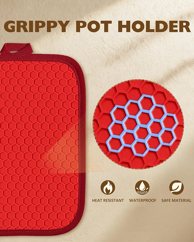 Slohif Silcone Strawberry Pot Holders for Kitchen - 100% Cotton Red Cute Oven Potholders with Pockets, Heat Resistant Square Thick Hot Pads, House New Home Baking Baker Gifts,2pack