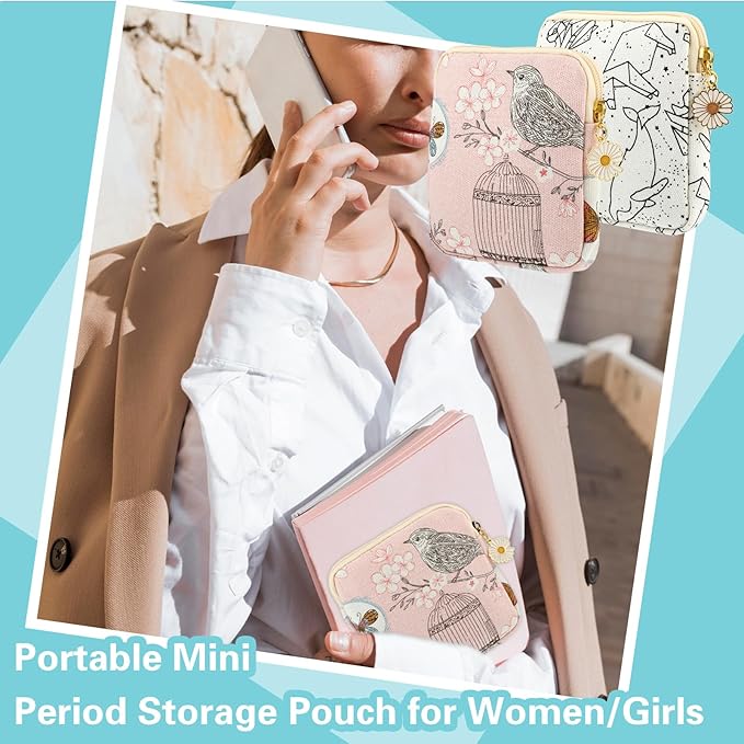 Amabro Sanitary Napkin Storage Bag, 2PCS Period Bags Cute Sanitary Pad Storage Pouch Tampon Pantyliners Menstrual Purse Daisy Zipper for Women Teen Girls School Travel Feminine Product(Bird)