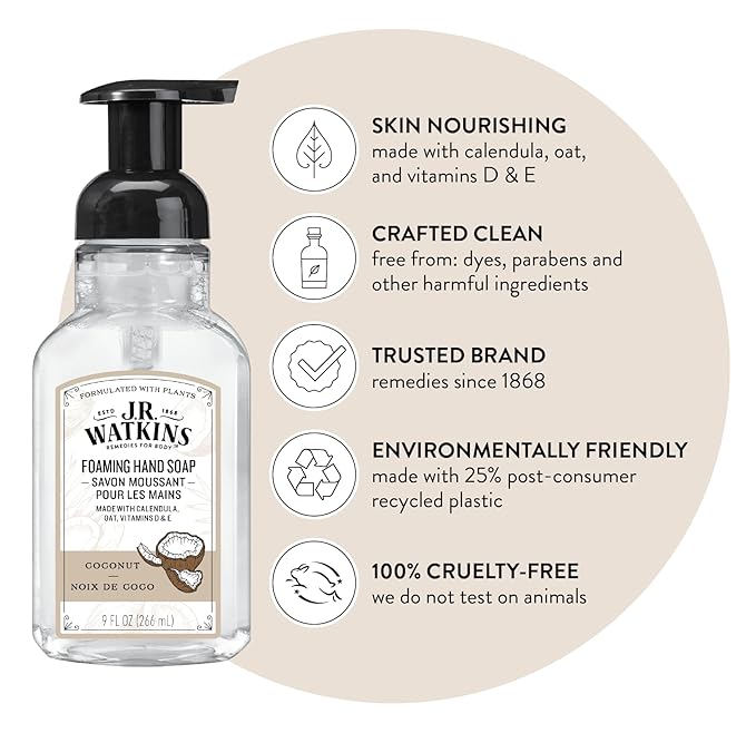 J.R. Watkins Foaming Hand Soap Pump with Dispenser, Moisturizing Hand Soap Foam, Alcohol-Free and Cruelty-Free, Use for Kitchen or Bathroom, Noix De Coco/Coconut, 9 fl oz, 3 Pack