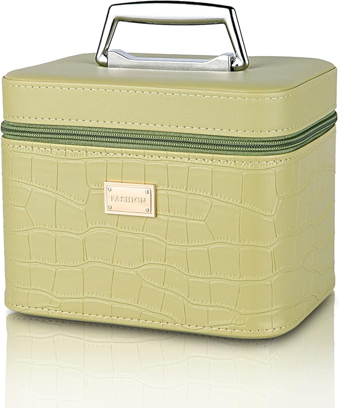 Fashion makeup box, Portable leather hard cosmetic case with mirror, Professional train case make up box for women adults. (Green)