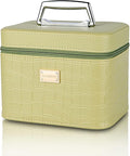 Fashion makeup box, Portable leather hard cosmetic case with mirror, Professional train case make up box for women adults. (Green)
