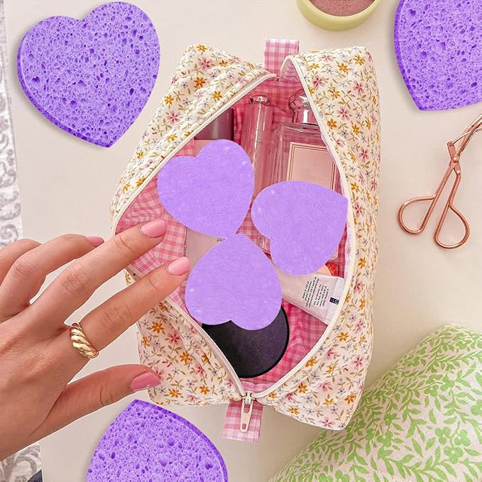 100-Count Compressed Facial Sponges for Estheticians Heart Shape Natural Cellulose Sponge Professional Cosmetic Spa Sponges for Face Cleansing, Massage, Pore Exfoliating, Mask, Makeup Removal, Purple