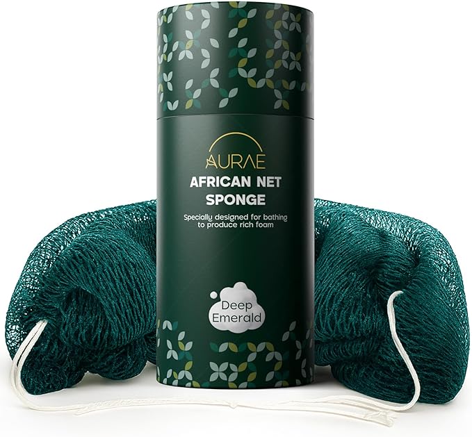 AURAE Premium African Net Sponge – Authentic Exfoliating Body Scrubber, 45-Inch, Quick-Drying – Green