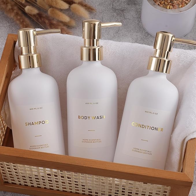 HOMCDALY Shampoo and Conditioner Dispenser, 21oz 3-Pack Refillable Pump Bottles, Shampoo Container, Empty Pump Bottle, Bathroom Shower Dispenser（21oz-White&Gold）
