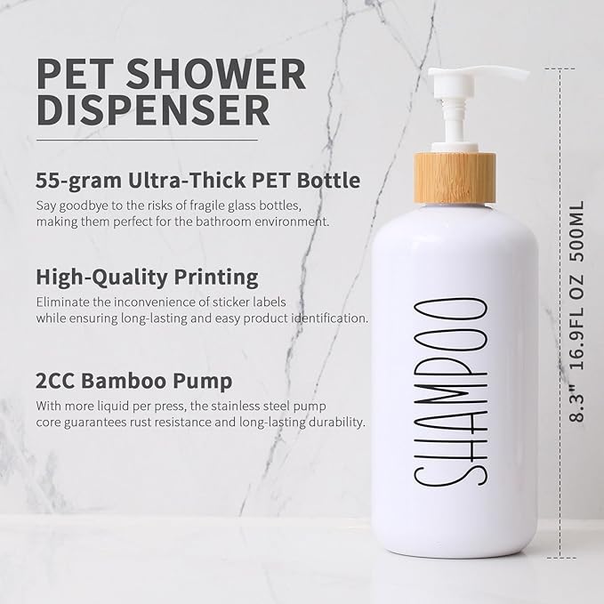 MOMEEMO White Shampoo and Conditioner Dispenser Set, Contains 3 Extra-Thick PET Plastic Bottles, Refillable Shampoo and Conditioner Bottles Perfect for Farmhouse Bathroom Decor. (White)