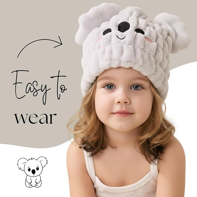 Microfiber Hair Towel Wrap for Kids, Koala Dry Hair Cap Suck Water, Absorbent Quick Girls Boys Hair Drying Towel, Lightweight Bouncy Hat Headscarf