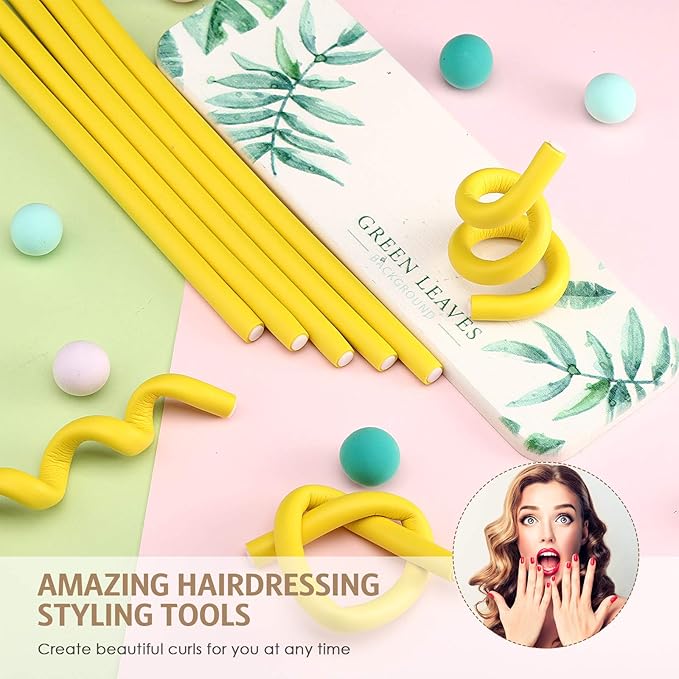 Syhood 30 Pcs Flexible Curling Rods 9.45 Twist Foam Rollers Soft Foam No Heat Hair Rods Rollers and 1 Steel Pintail Comb Rat Tail Comb for Women Long Short Hair(Yellow,9.45 x 0.39 Inch)