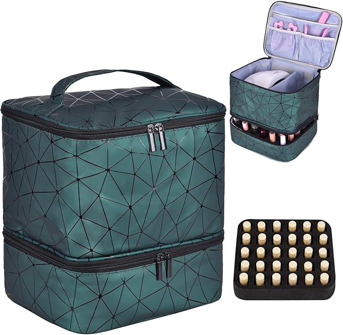 Nail Polish Organizer Holds 30 Bottles (15ml) and 1 Nail Light Nail Polish Carrying Case with Storage Pockets for Manicure Tools Double Layer Nail Storage Travel Bag with Handle (A-Green)