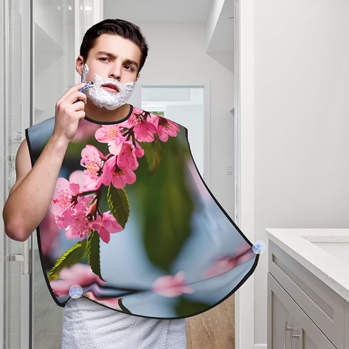 Pinks Cherry Blossoms Print Beard Bib Shaving Apron, Beard Hair Trimming Cape Gift For Dad