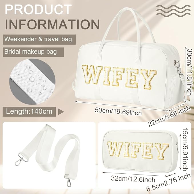 2 Pcs Wedding Weekender Bag Bride Groom Duffle Bag Chenille Letter Patch Travel for Bridal Shower Honeymoon Gift(Wifey,White)