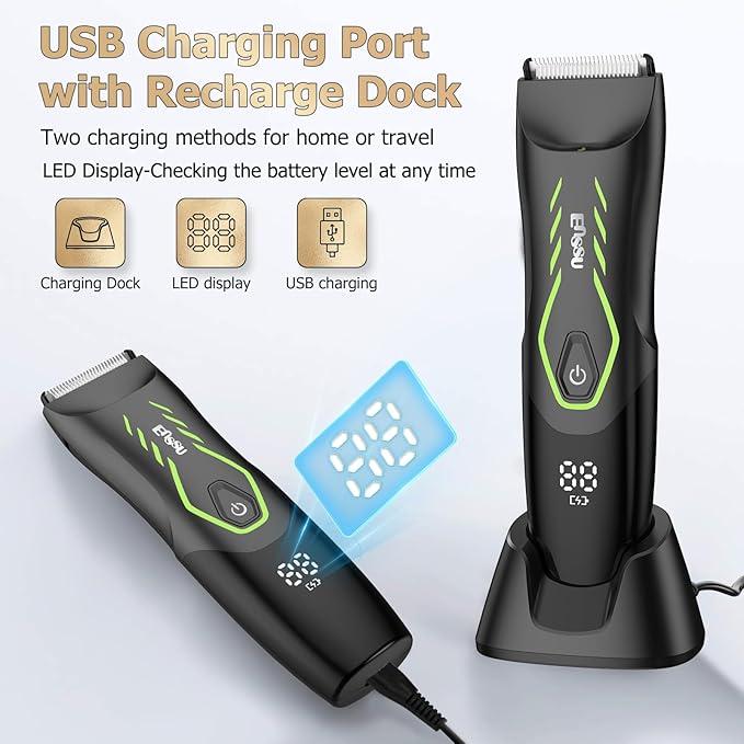 Manscape Body Hair Trimmer for Men, Pubic Groin Hair Trimmer for Men with Safe Blade, Cordless Ball Shaver w/Light, Charging Dock, Waterproof Body Groomer Man, LED Display, 1H Charge,Green