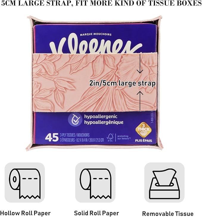 Tissue Box Holder Cover Square Tissue Cube Cover PU Leather Tissue Organizer with Bottom Belt for Bathroom, Tabletop, Kitchen, Night Stands, Office, Home, Car (2, RosyPink)