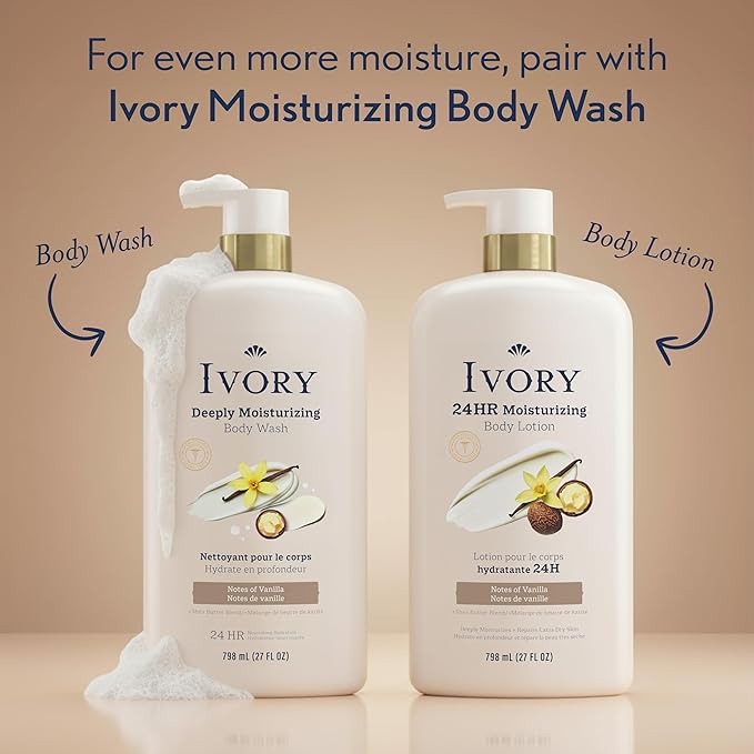 Ivory Hand & Body Lotion, 24hr Moisturizing, Repairs Extra Dry Skin, All Day Hydration, Lightweight Formula, Absorbs Instantly, Perfect for Daily Use, Shea Butter Blend, Vanilla Scent, 27 fl oz