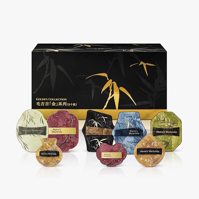 Momo's Workshop Chinese Makeup Sponge 8-Piece Set,Satin PU Leather & Gold Foil, Beauty Makeup Cushion Puffs for Foundation, Blush,Dual Use Sponge Blender Natural and Concealer With Storage case