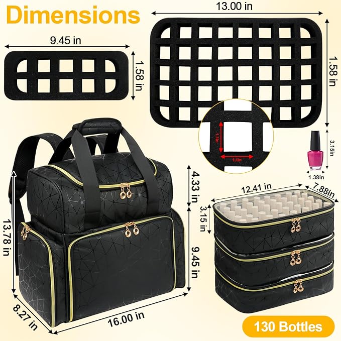 Nail Polish Organizer Backpack Holds 130 Bottles (15ml/0.5fl.oz)& Nail Lamp, Extra Large Nail Kit Storage Bag with 3 Removable Carrying Cases, Nail Tech Supplies Organizer Case for Women Black