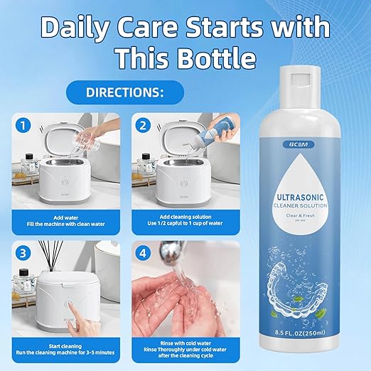 BCOM Ultrasonic Retainer Cleaner Solution, Jewelry Cleaner Solution Deep Clean for Retainer, Mouthguards, Night Guards, Aligners and Jewelry Ring, Odor Stain Remover for Ultrasonic Machines (8.5 oz)
