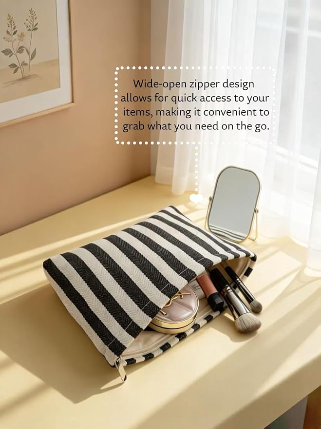 Large Black White Stripe Makeup Bag - Canvas Lined Cosmetic Toiletry Travel Pouch | Purse Organizer for Women & Girls