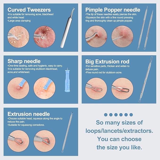 60PCS Dual Heads Blackhead Remover, Pimple Comedone Extractor, Acne Whitehead Blemish Removal Kit, Premium Stainless Steel Pimple Popper Tool kit, Risk Free for Face Skin, with Portable Box