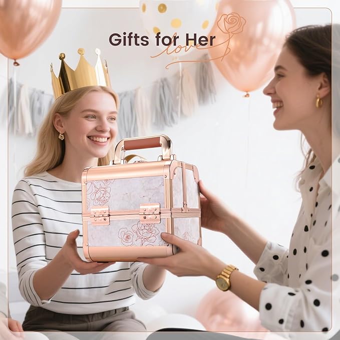 Costravio Makeup Case Train Case Portable Makeup Box with Mirror Lock Box Travel Cosmetic Train Cases Hard Make Up Organizer for Girls Nail Craft Storage Vanity Rose Gold Flower