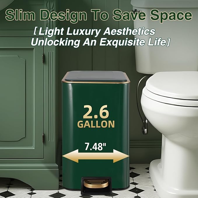 Bathroom Set Bathroom Accessories Set 8 Piece Green and Gold Bathroom Set, Bathroom Sets with Stainless Steel Trash Can,Toilet Brush,Toothbrush Set,Soap Dispenser