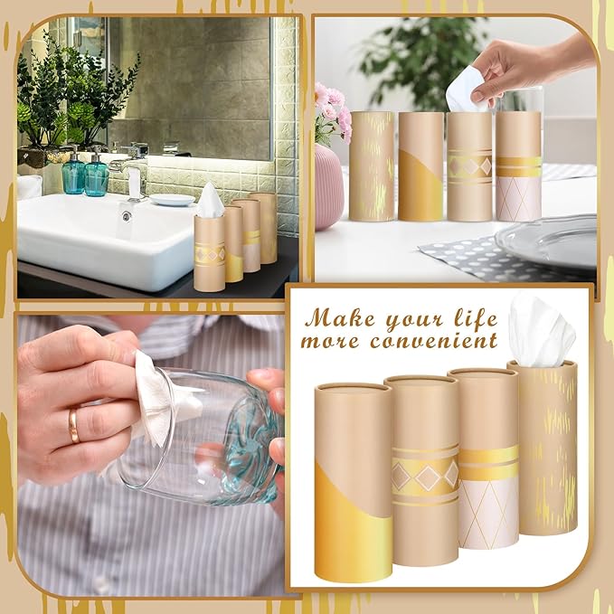 12 Pack Car Tissue Cylinder Holder Bulk with 3 Ply Facial Tissues, Round Napkin Holders for Car Cup Holder Cylinder Travel Paper Tubes Bulk Round Napkin Boxes Packs(Modern Gold Line)