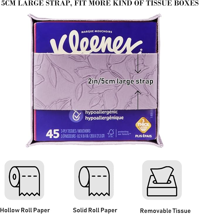 Tissue Box Holder Cover Square Tissue Cube Cover PU Leather Tissue Organizer with Bottom Belt for Bathroom, Tabletop, Kitchen, Night Stands, Office, Home, Car (1, Lightpurple)