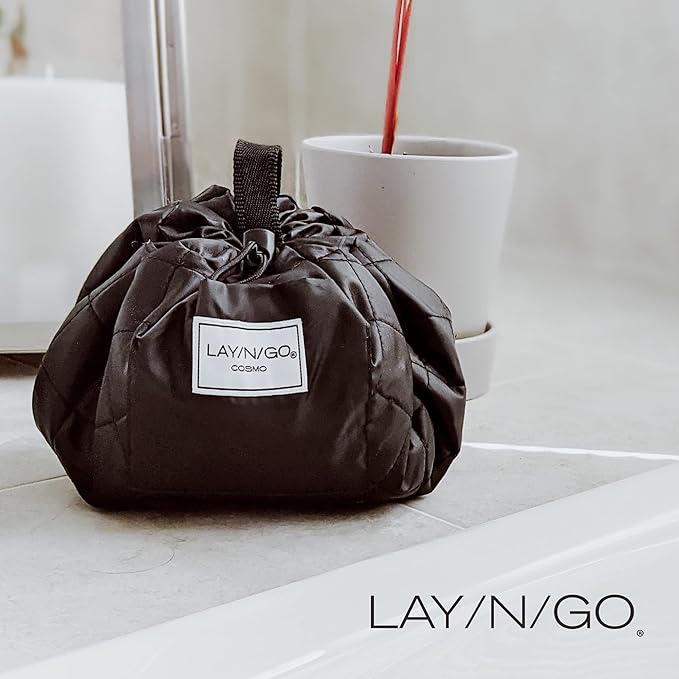Lay-n-Go Cosmo Layflat Drawstring Cosmetic & Makeup Bag Organizer w/Zipper Pocket, Brush Loops & More, Cinch to Close, Lay Flat to Use, Durable, Machine Wash, Travel Toiletry Bag (20", Ocean Blue)