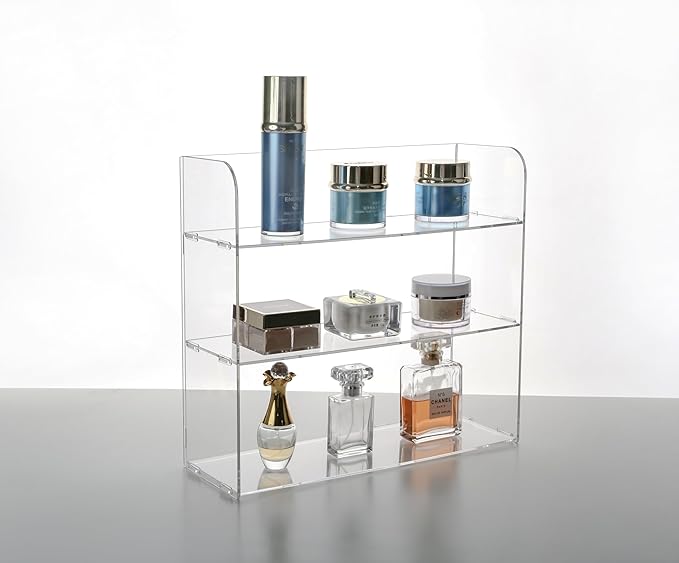 Jusalpha 3 Tier Clear Acrylic Organizer Shelf for Cosmetic Perfume Skincare Makeup Toy Spices Standing Tabletop Vanity Tray Shelf Multifunctional Sturdy Display Showcase (12''x 4''x 12'')…