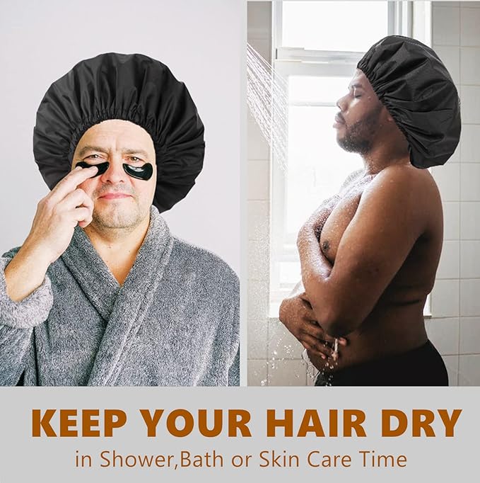 Adjustable Shower Caps for Men Women Reusable Waterproof Satin Lining Large Shower Cap for Long Hair Braids Curly Hair (L,Black/Black)