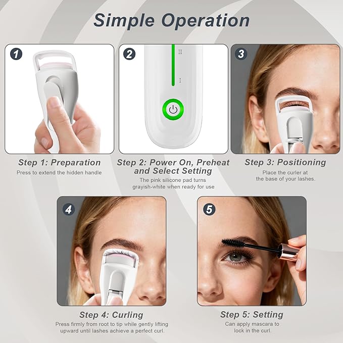Heated Eyelash Curler, Type-C Rechargeable with 3 Temp Settings & Safe Silicone Pad for Natural Curls, Travel-Friendly (White)