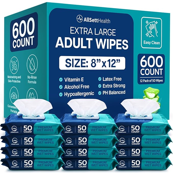 Body Wipes for Adults - XL Wet Wipes 8" x 12" (600 count) | Rinse Free Bathing - Wash Cloths for incontinence, Disposable Washcloths with Aloe Vera and Vitamin E - Camping, Elderly, Bathing
