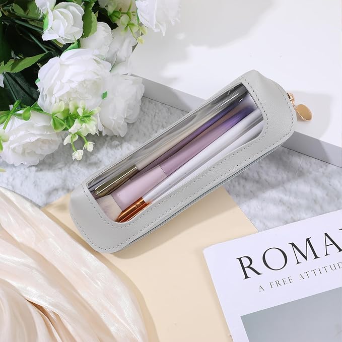 Small Clear Makeup Bag, PU Leather Travel Makeup Brush Bag Portable Transparent Waterproof Cosmetic Pouch with Zipper for Women Home Travel Office Cosmetic Storage (Grey)