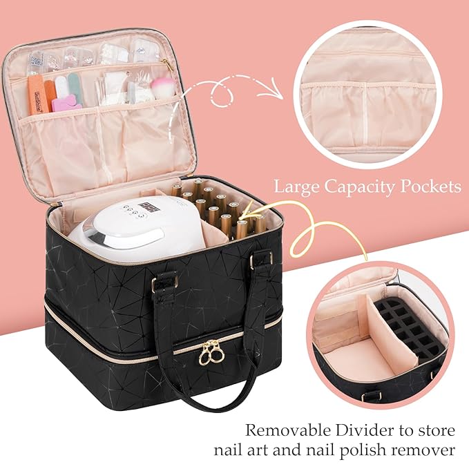 Uross Nail Polish Organizer Bag Holds 54 Bottles Nail Polish & Nail Lamp, Gel Nail Polish Organizers and Storage box for Nail Tech, Nail Kit Supplies Organizer Case-Black